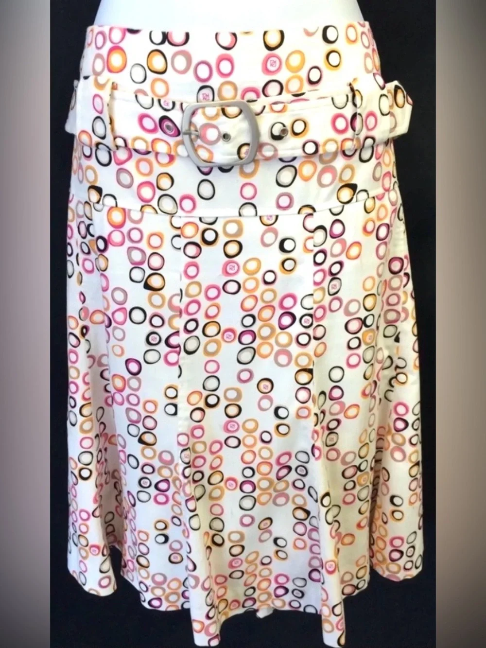 BARAMI Flare Circle Belted Lined Geometric Skirt White Pink
